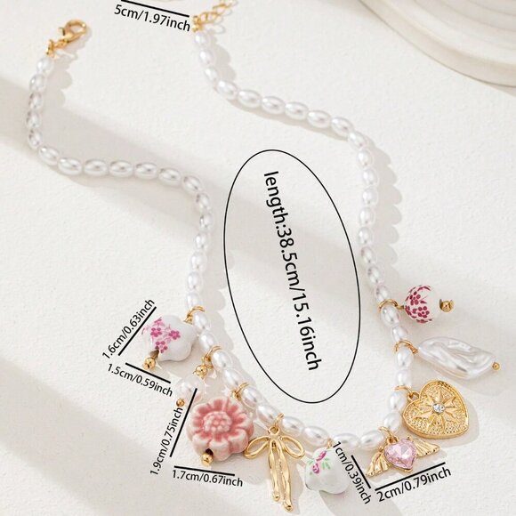 Multicolor Boho Women's Handmade Ceramic Flower Tea Cup Beaded Necklace - Picture 3 of 4